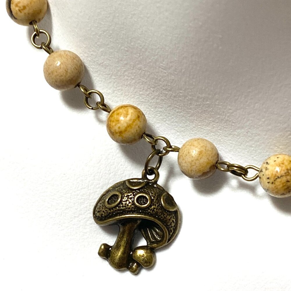 Genuine Yellow Picture Jasper Short Necklace, Bronze Round Mushroom + Gemstone